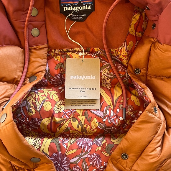Patagonia Women's Floral Orange Hooded Vest - Picture 2 of 4